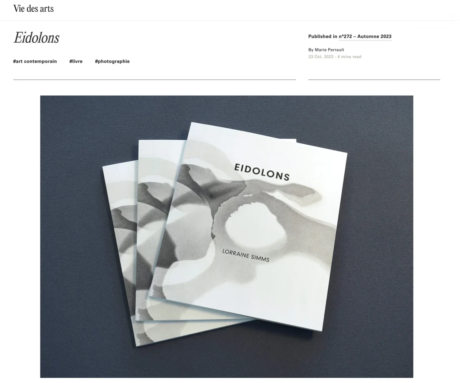 Eidolons Lorraine Simms featured in Vie des arts