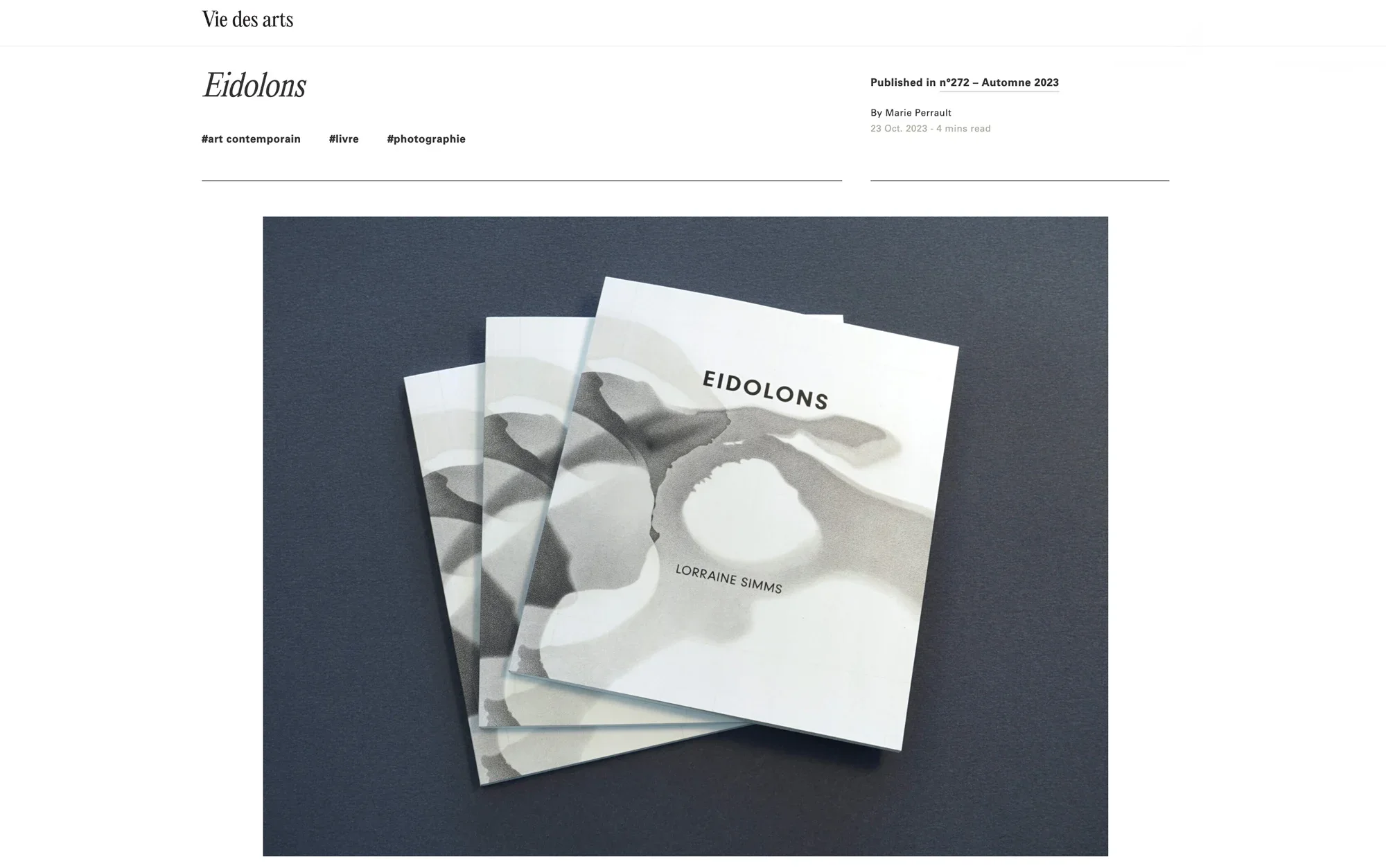 Eidolons Lorraine Simms featured in Vie des arts